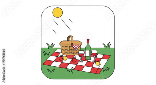 Outdoor picnic setup with basket wine and food on red and white checkered blanket under sunny sky