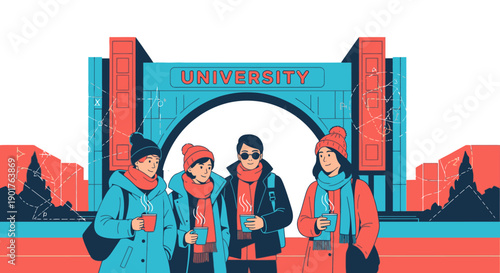 Four young, casually dressed university students stand together in winter clothing before a prominent campus archway, embodying higher education and youth.