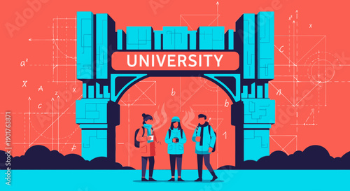 Three diverse students stand confidently before a grand university entrance, symbolizing higher education, academic achievement, and the exciting journey of learning.