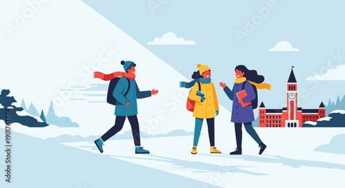 Three diverse students, warmly dressed for winter, engage in lively conversation while walking across a snow-covered university campus, with an academic building.