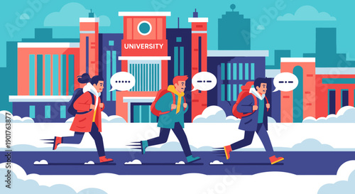 Young students carrying backpacks are briskly running across a snowy urban street towards a prominent university campus building, illustrating winter education.