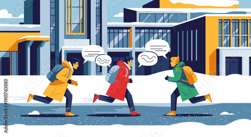 Three students in vibrant winter coats and backpacks run across a snow-covered campus, engaging in lively communication and shared academic experiences.