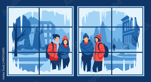 Four individuals huddle together, dressed in warm winter attire, observing a snowy urban landscape through frost-covered window panes.