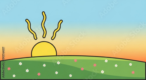 Sunrise over a green hill with white flowers and pink dots at dawn