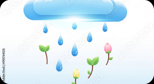Spring rain shower with colorful flowers and raindrops falling from a blue cloud against a white background