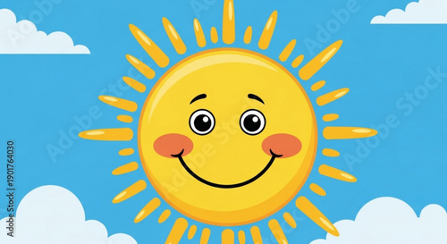 Smiling sun character with rosy cheeks and friendly expression against a bright blue sky with white clouds