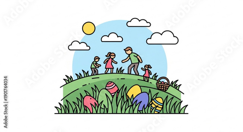Family enjoying easter egg hunt on a sunny hill with green grass colorful eggs and fluffy white clouds in the background