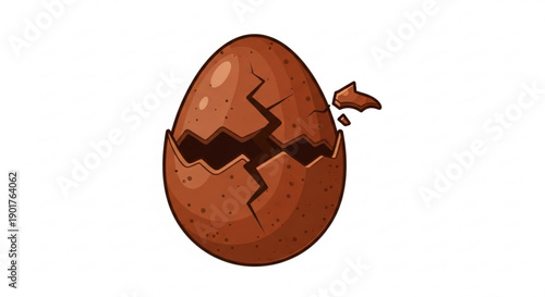 Cracked brown egg with broken shell pieces on white background symbolizing birth new life or food concept in simple illustration style