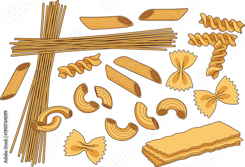 Hand drawn pasta types vector set featuring spaghetti, penne, fusilli, macaroni, farfalle, and lasagna illustrations