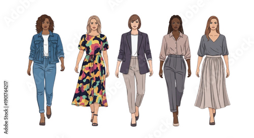 Diverse Women Walking Body Types Fashion Illustration Set Isolated on White