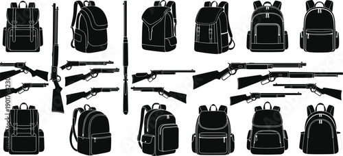Hunting and camping equipment silhouettes collection, rifles and backpacks vector set, tactical outdoor gear illustration, survival travel bags, black icon elements
