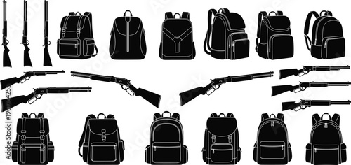 Hunting gear silhouettes collection, rifles and backpacks vector set, outdoor equipment illustration, camping tactical bags, black icon design, isolated white background