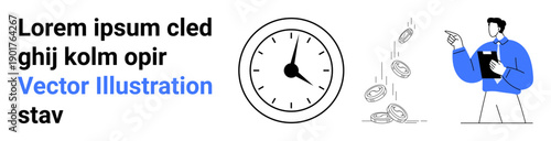 Time management, financial planning, productivity tips, business strategy, budgeting, workplace success. A clock, falling coins and a professional pointing. Time management and financial planning