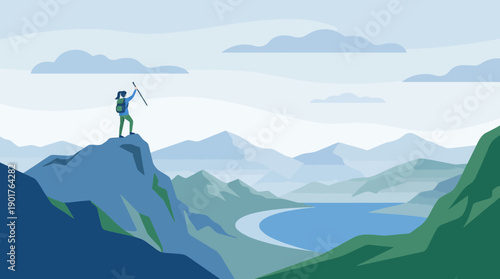 Outdoor Landscape of a Mountain Climber Discovering Scenic Views