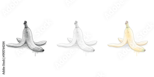 Vector banana peel illustration set: yellow, gray, and white banana skins isolated on white