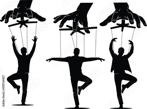 Marionette puppeteer hands controlling human silhouettes, manipulation power concept, mind control metaphor, black vector illustration isolated on white background, graphic design art
