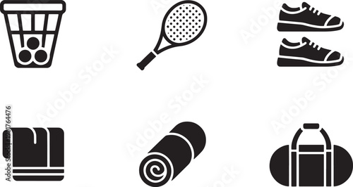 Assorted sport accessories silhouettes including tennis racket gym bag exercise mat and footwear