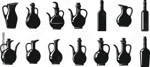 Olive oil bottle and jug silhouettes collection, traditional glass cruet containers vector set, kitchen cookware illustration, black bottle icons