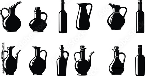 Olive oil bottle silhouettes collection, glass jug and cruet containers vector set, traditional kitchen cookware, vintage liquid bottles, black illustration icons