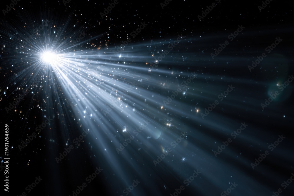 Fototapeta premium Vibrant photo of Bright light source with radiating beams and sparkling particles in deep dark space