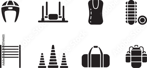 Black and white icons of athletic gear and training equipment on grid
