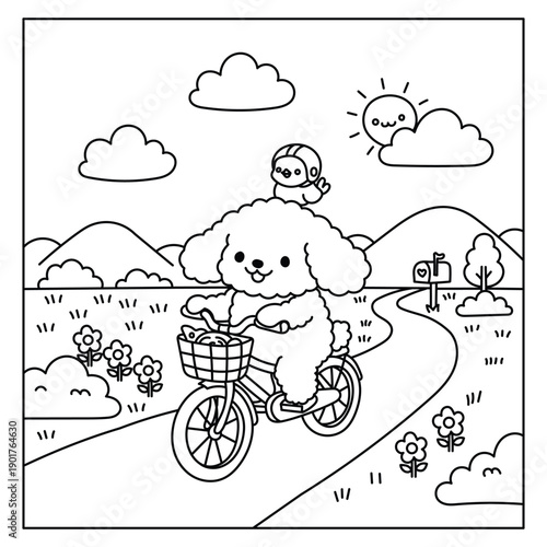 Cute Puppy Riding Bicycle in Countryside, Kids Coloring Page Illustration