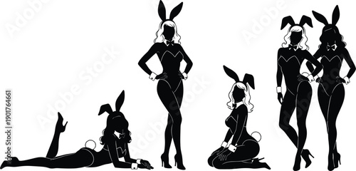 Sexy bunny girl silhouettes in elegant poses, pin up fashion women costume collection, glamour nightlife concept, black vector illustration isolated on white background
