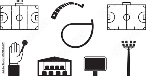 Collection of sports icons, soccer field, referee hand, stadium seating, floodlight, scoreboard