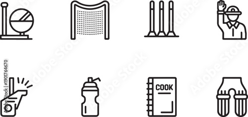 Cricket and cooking equipment vector icon set with wicket batting pads and cookbook