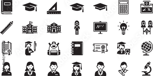 Black and White Education Icon Set Featuring Graduation Caps School Buildings Books Science Equipment and Students for Academic Design