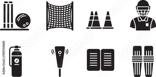 Cricket equipment icons including wickets ball net cones player helmet extinguisher and pads