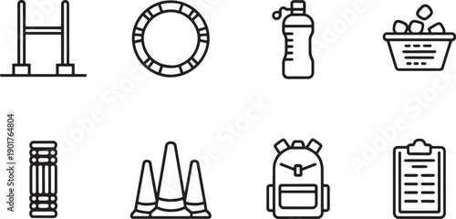 Outlined icons of rugby posts trampoline water bottle laundry basket and training equipment