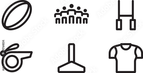 Rugby sports equipment vector icon set with ball team goalpost and whistle
