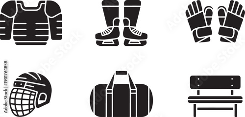 Set of hockey equipment solid icons including shoulder pads, ice skates, gloves, helmet, bench