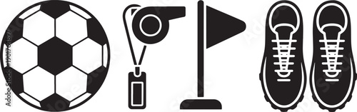 Set of sports equipment icons including soccer ball, whistle, flag, and shoes on background