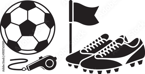 Soccer sports icons with ball flag whistle and pair of spiked athletic shoes