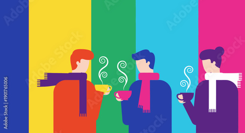 A vibrant illustration captures three friends in colorful scarves enjoying hot beverages together, symbolizing warmth, friendship, and diverse connections.