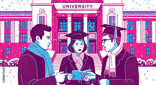 Three diverse university graduates in academic robes and mortarboards discuss future plans outside the grand campus building during a snowy winter day.