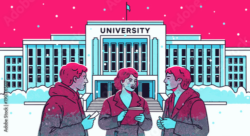Three students engage in a lively discussion on a snowy university campus, illustrating academic life and winter education.