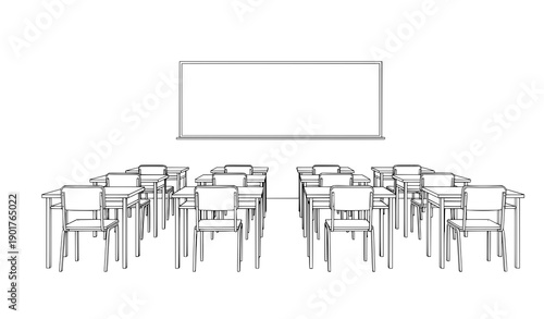Simple classroom line art vector illustration with empty desks rows and whiteboard for education design