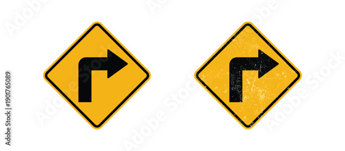 sharp right turn road traffic warning sign clean and grunge yellow square diamond symbol