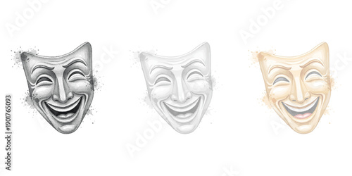Vector theatrical comedy masks set in grayscale, white, and sepia tones, laughing expression, isolated on white