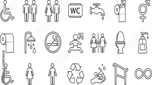 Vector collection of public restroom line icons including toilet, WC, disabled access, gender signs, shower, hygiene, and baby changing symbols.