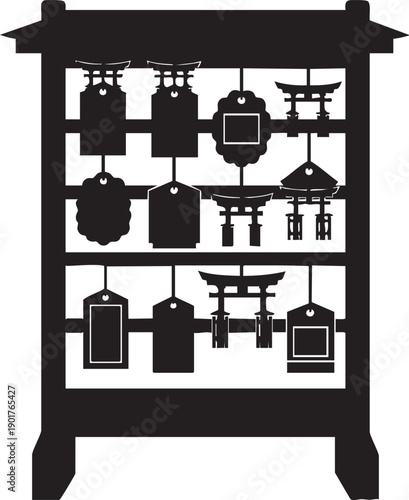 Traditional Japanese ema prayer plaques and torii gates on a stand