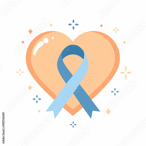 Illustration of a peach heart with a blue ribbon and decorative elements on a white background.
