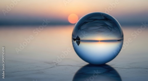 An abstract 3d crystal globe reflects a sunrise over the sea as light glows through blue clouds and water to create a global ecology concept on a glass sphere in space