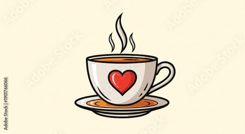 Steaming cup of coffee with heart design on white ceramic mug and saucer warm beverage illustration