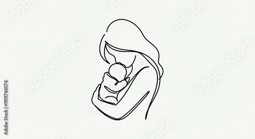 Mother holding baby in her arms simple line art illustration tender moment minimalist style white background gentle embrace