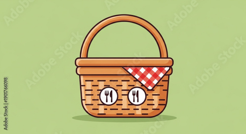 Wicker picnic basket with red checkered napkin and utensils on green background cartoon style outdoor dining theme summer vacation concept