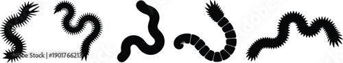 Abstract spiky worm silhouettes set, black organic curved creatures illustration, minimal vector design collection, isolated on white background, for branding